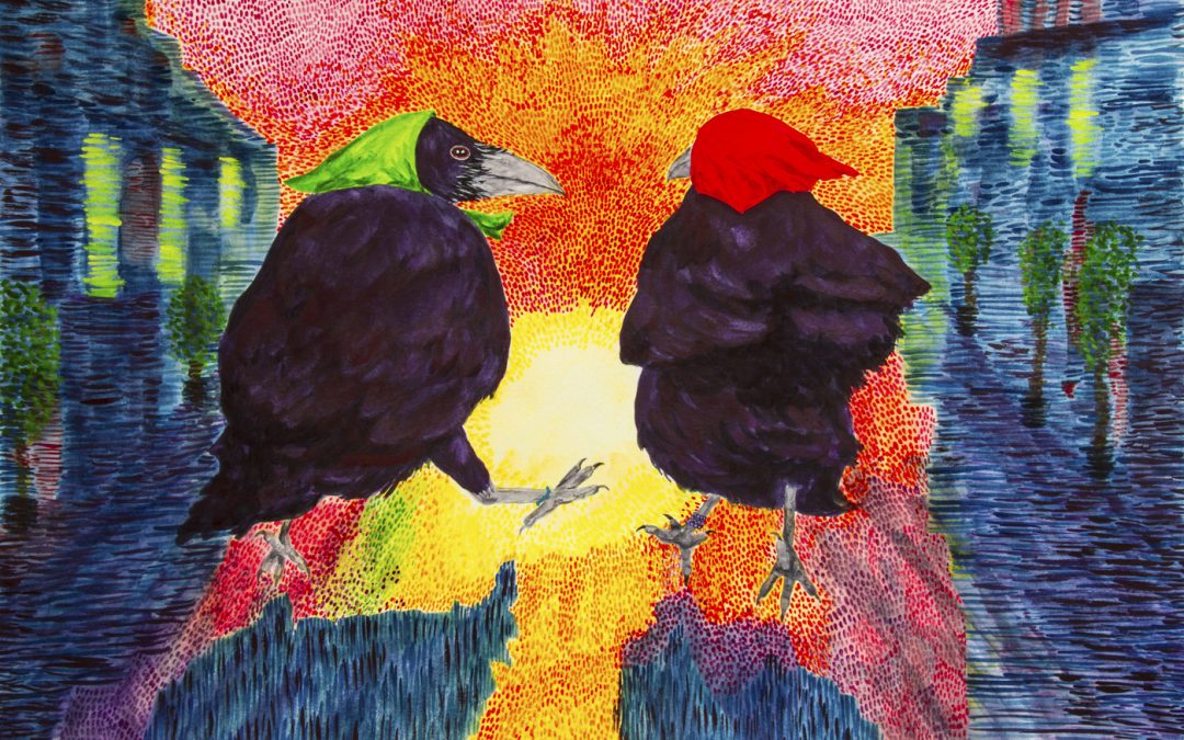Val Napoleon's painting of a pair of raven's wearing kerchiefs walking together towards a sunset. One raven looks at the other.