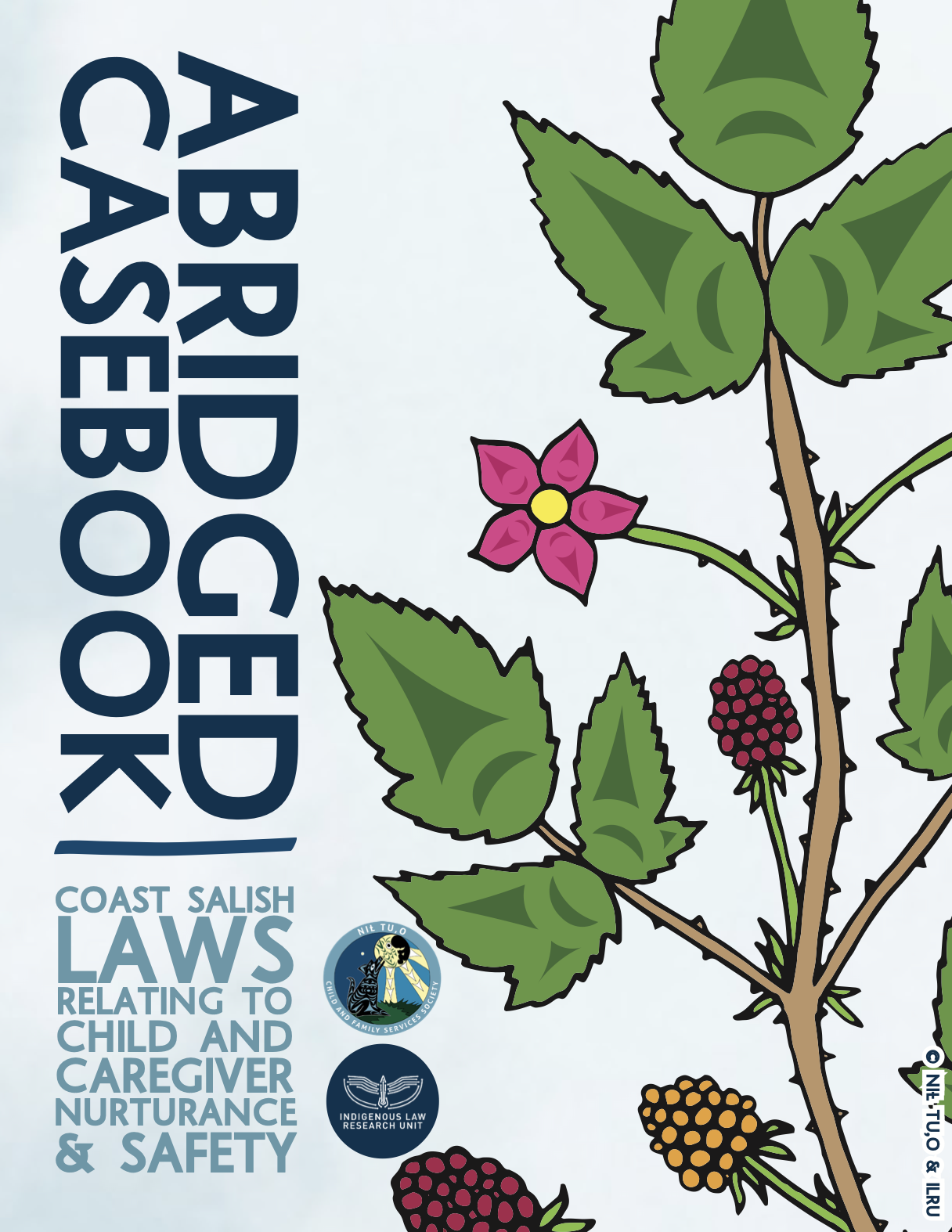 Abridged Casebook Cover with Sarah Jim's Salmon Berry Art (Line Form) with the title "Abridged Casebook: Coast Salish Laws Relating to Chid and Caregiver Nurturance & Safety"